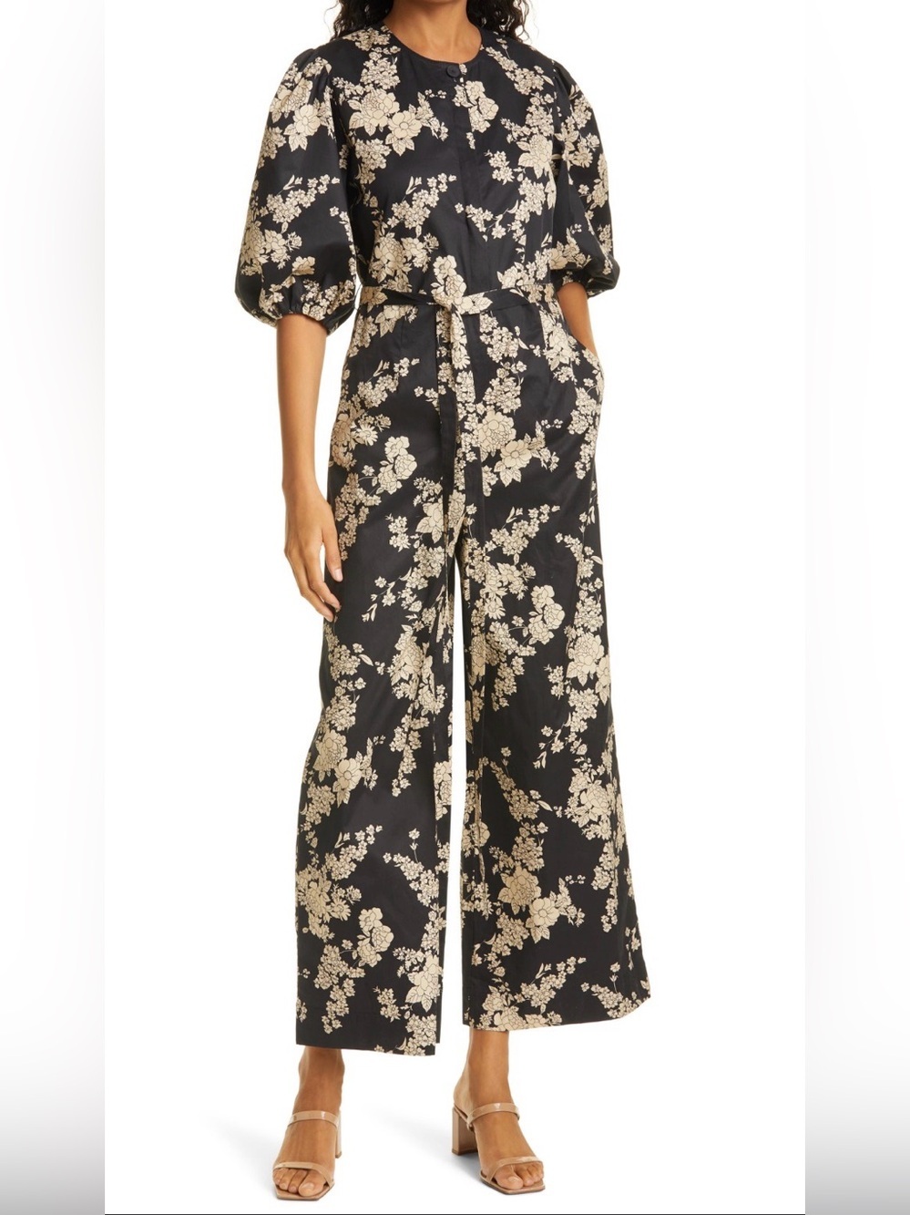 Rebecca Taylor Cotton Gabrielle Floral Puff-Sleeve Jumpsuit Black & Beige Size 8